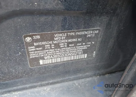 2013 BMW 328I xDrive from USA, damaged, VIN WBA3B5G53DNS02181